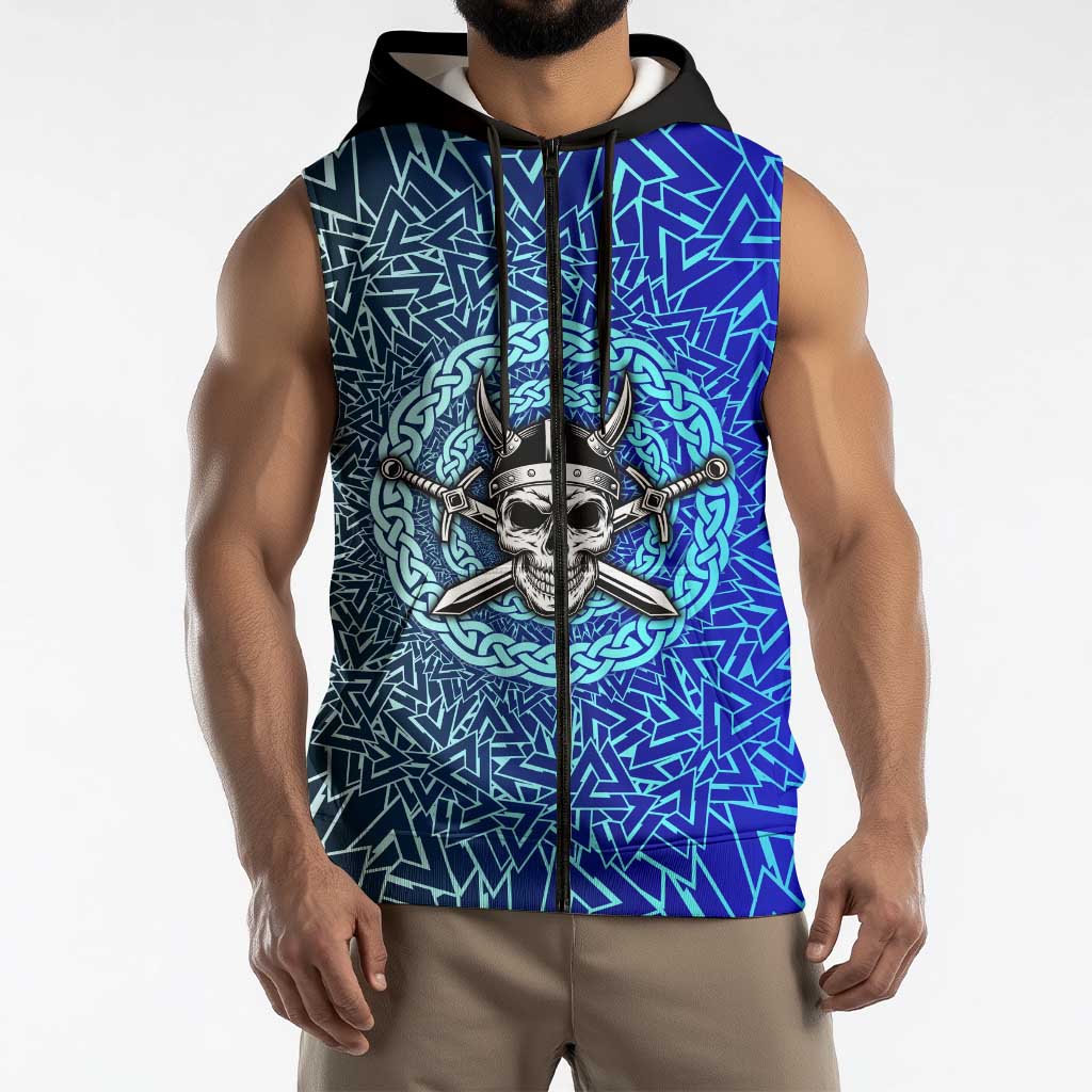 Viking Skull Sleeveless Zip Hoodie with Horned Helmet and Swords Nordic Warrior Tribute - Wonder Print Shop