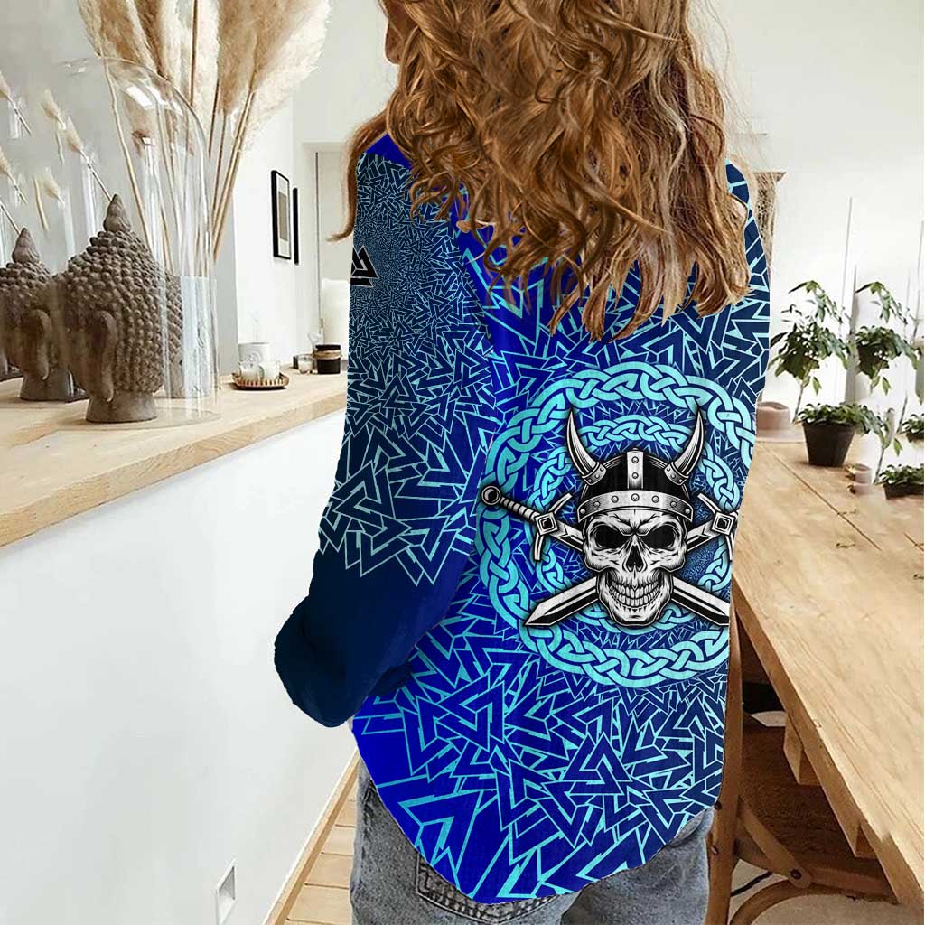 Viking Skull Women Casual Shirt with Horned Helmet and Swords Nordic Warrior Tribute - Wonder Print Shop