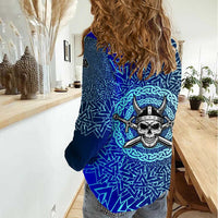 Viking Skull Women Casual Shirt with Horned Helmet and Swords Nordic Warrior Tribute - Wonder Print Shop
