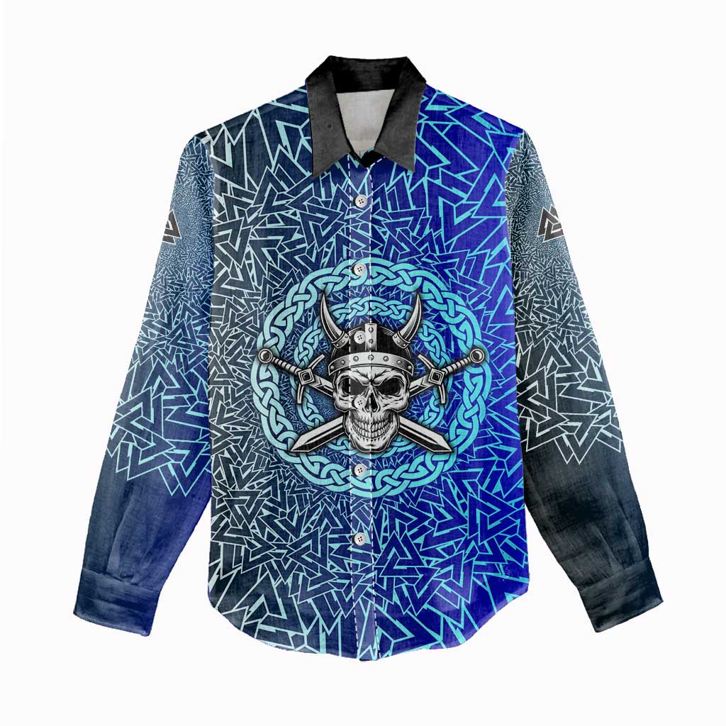 Viking Skull Women Casual Shirt with Horned Helmet and Swords Nordic Warrior Tribute - Wonder Print Shop