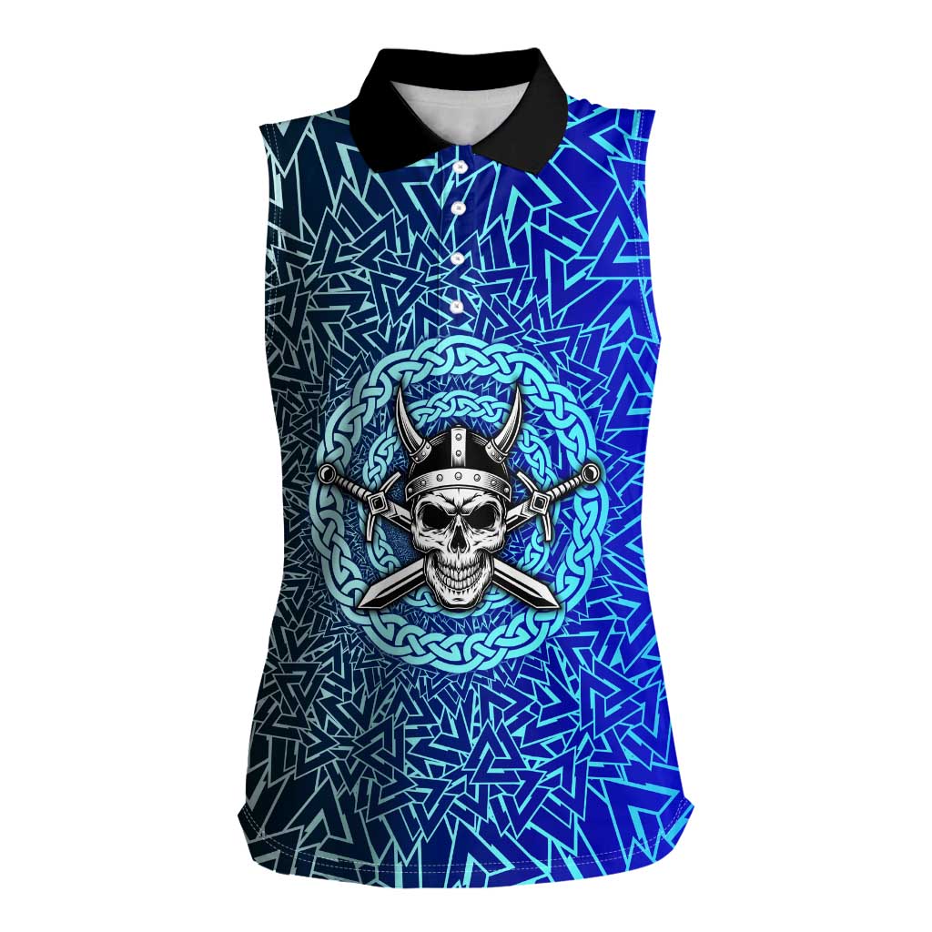 Viking Skull Women Sleeveless Polo Shirt with Horned Helmet and Swords Nordic Warrior Tribute - Wonder Print Shop