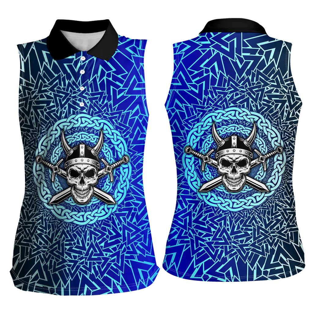 Viking Skull Women Sleeveless Polo Shirt with Horned Helmet and Swords Nordic Warrior Tribute - Wonder Print Shop