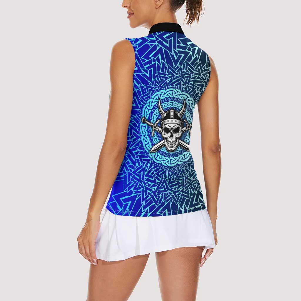 Viking Skull Women Sleeveless Polo Shirt with Horned Helmet and Swords Nordic Warrior Tribute - Wonder Print Shop