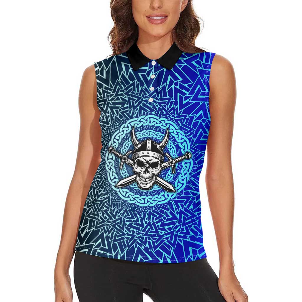 Viking Skull Women Sleeveless Polo Shirt with Horned Helmet and Swords Nordic Warrior Tribute - Wonder Print Shop