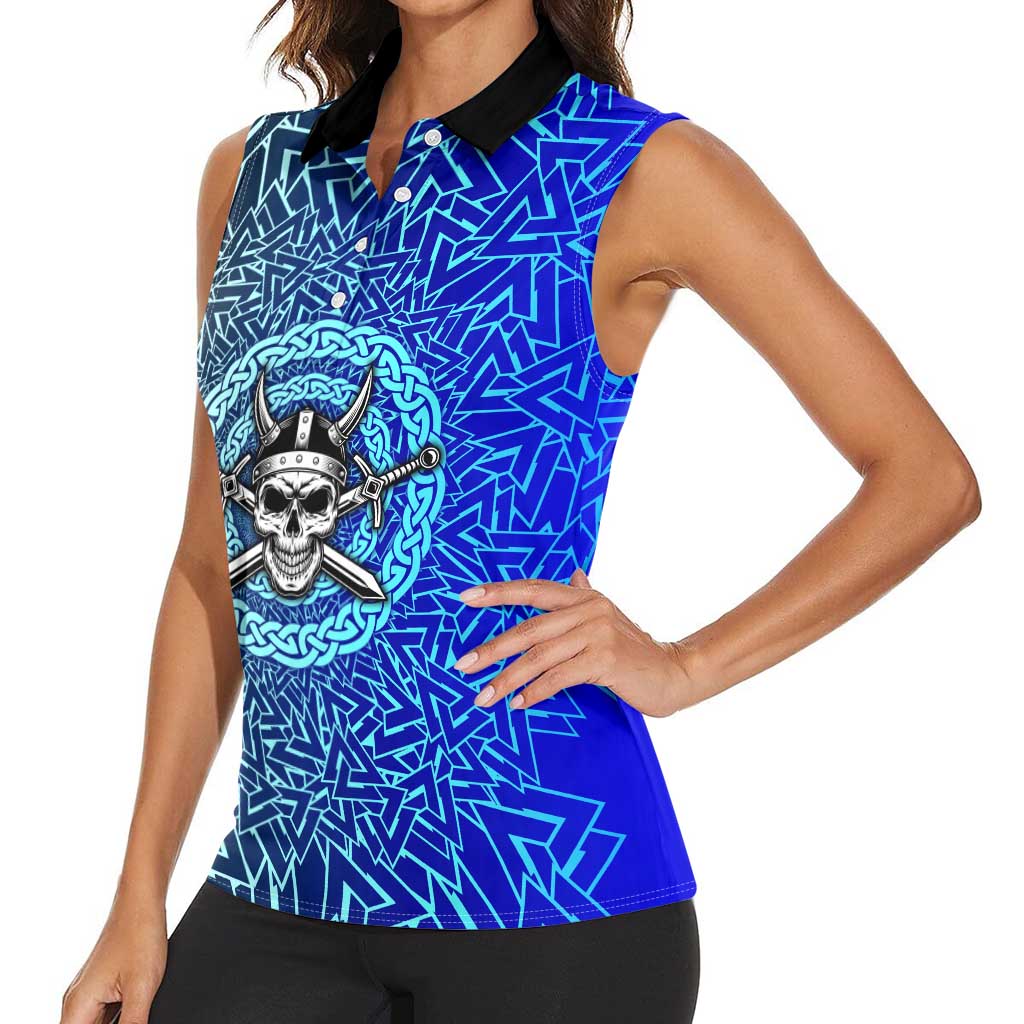 Viking Skull Women Sleeveless Polo Shirt with Horned Helmet and Swords Nordic Warrior Tribute - Wonder Print Shop