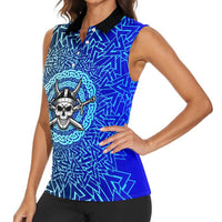 Viking Skull Women Sleeveless Polo Shirt with Horned Helmet and Swords Nordic Warrior Tribute - Wonder Print Shop