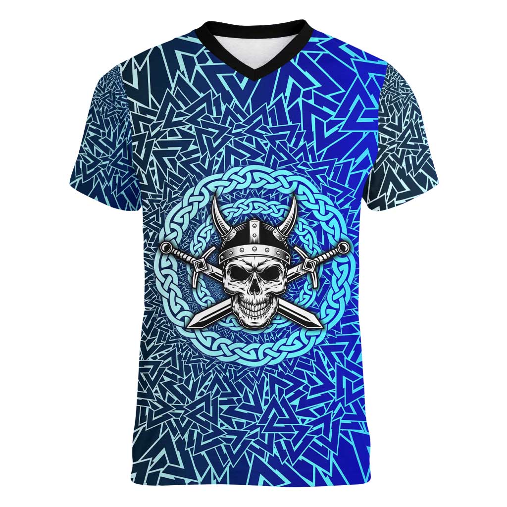 Viking Skull Women V-Neck T-Shirt with Horned Helmet and Swords Nordic Warrior Tribute - Wonder Print Shop