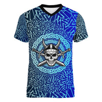 Viking Skull Women V-Neck T-Shirt with Horned Helmet and Swords Nordic Warrior Tribute - Wonder Print Shop