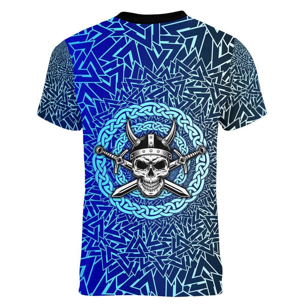 Viking Skull Women V-Neck T-Shirt with Horned Helmet and Swords Nordic Warrior Tribute - Wonder Print Shop