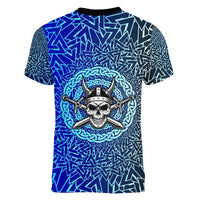 Viking Skull Women V-Neck T-Shirt with Horned Helmet and Swords Nordic Warrior Tribute - Wonder Print Shop