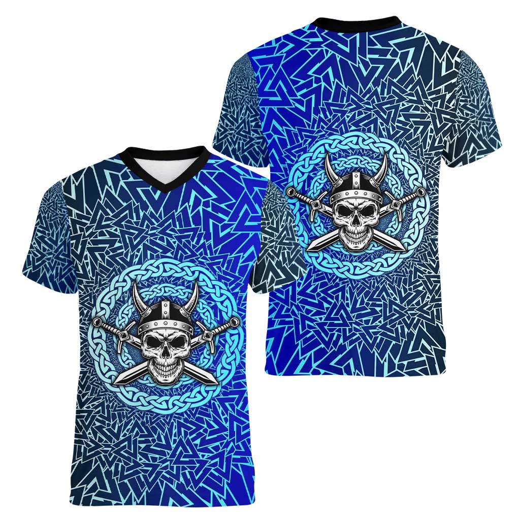 Viking Skull Women V-Neck T-Shirt with Horned Helmet and Swords Nordic Warrior Tribute - Wonder Print Shop