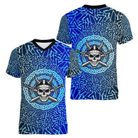 Viking Skull Women V-Neck T-Shirt with Horned Helmet and Swords Nordic Warrior Tribute - Wonder Print Shop