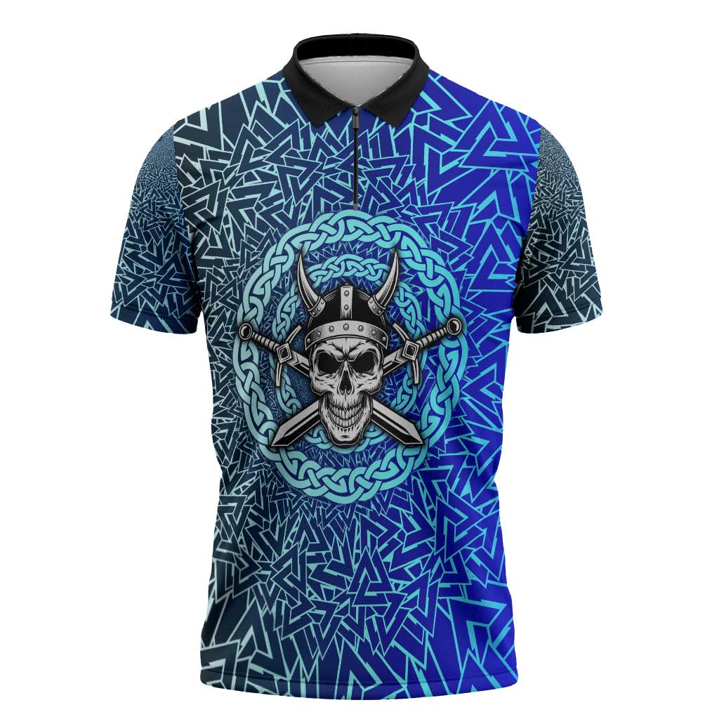 Viking Skull Zipper Polo Shirt with Horned Helmet and Swords Nordic Warrior Tribute - Wonder Print Shop