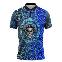 Viking Skull Zipper Polo Shirt with Horned Helmet and Swords Nordic Warrior Tribute - Wonder Print Shop