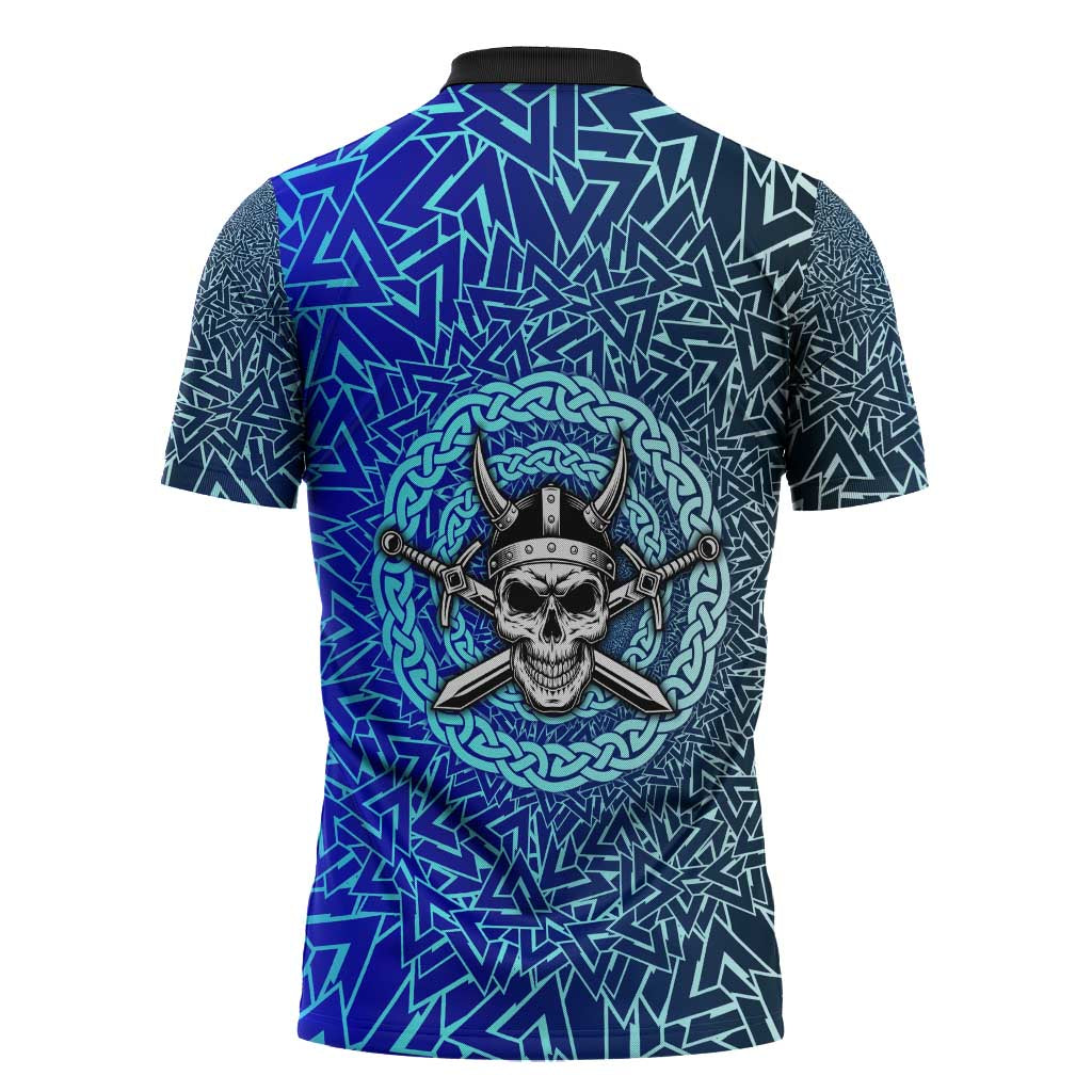 Viking Skull Zipper Polo Shirt with Horned Helmet and Swords Nordic Warrior Tribute - Wonder Print Shop