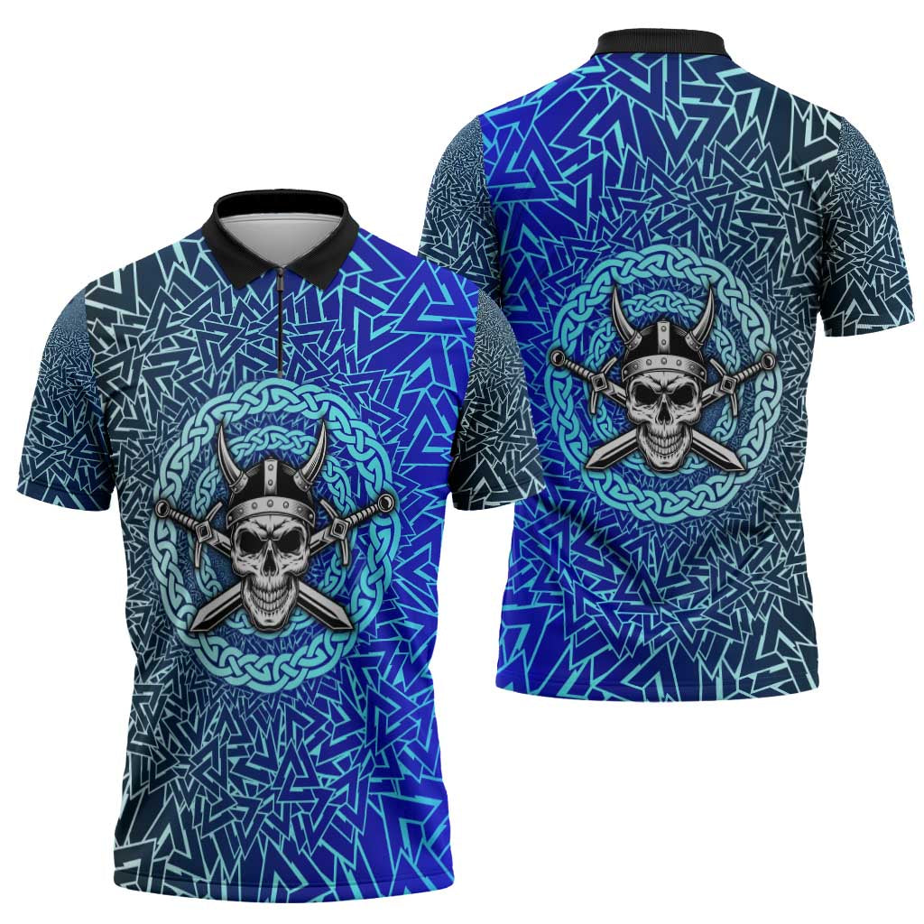 Viking Skull Zipper Polo Shirt with Horned Helmet and Swords Nordic Warrior Tribute - Wonder Print Shop