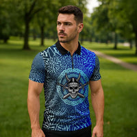 Viking Skull Zipper Polo Shirt with Horned Helmet and Swords Nordic Warrior Tribute - Wonder Print Shop