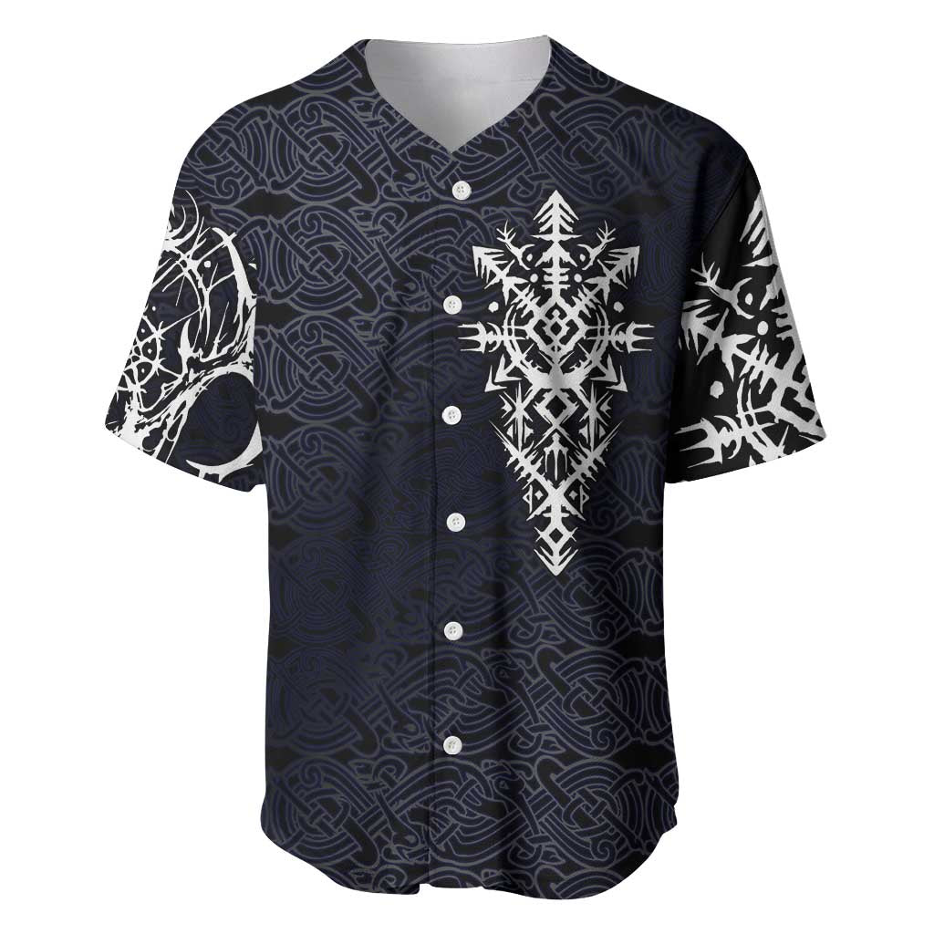 Runic Skull Baseball Jersey with Nordic Symbols and Knot Pattern Viking Heritage Tribute - Wonder Print Shop