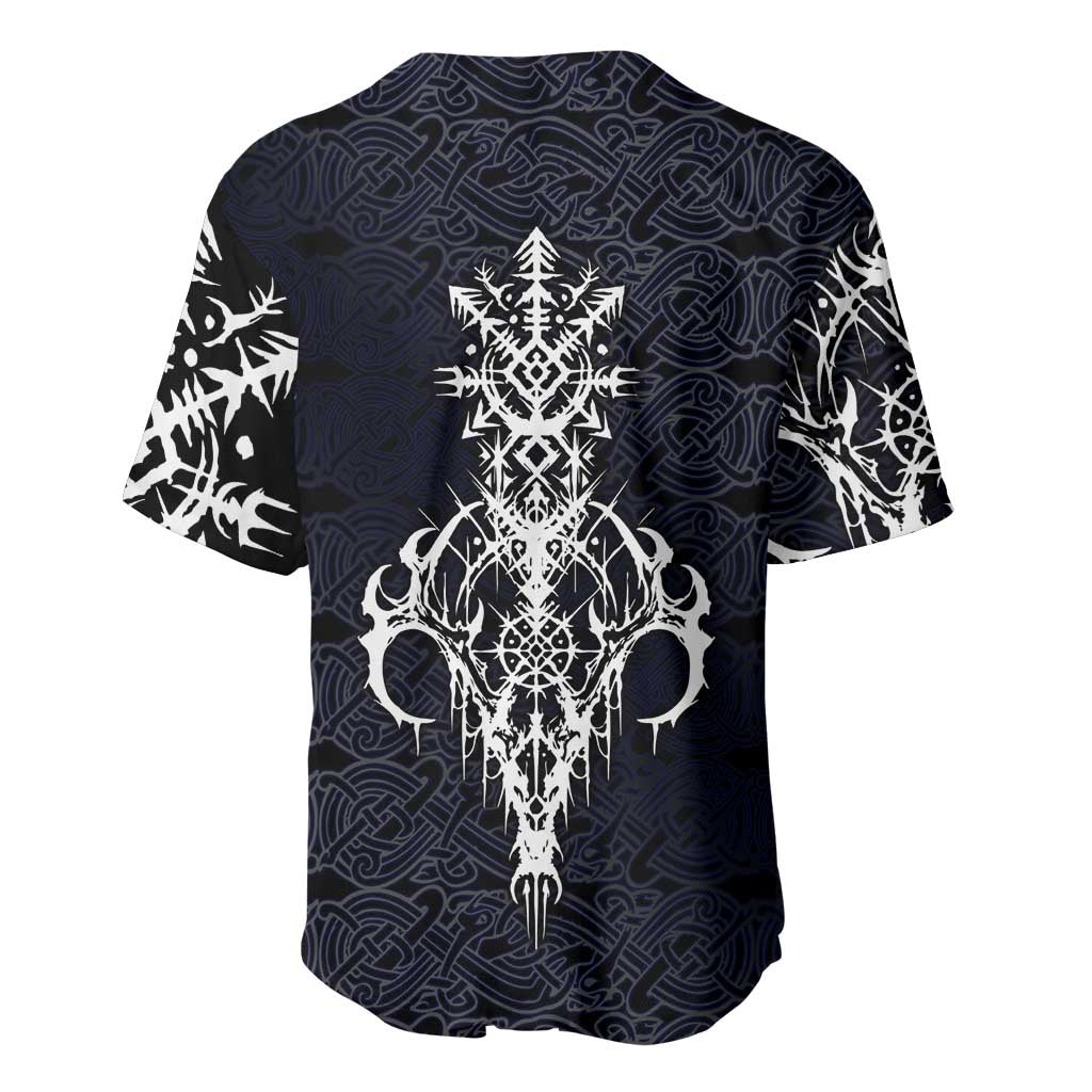 Runic Skull Baseball Jersey with Nordic Symbols and Knot Pattern Viking Heritage Tribute - Wonder Print Shop
