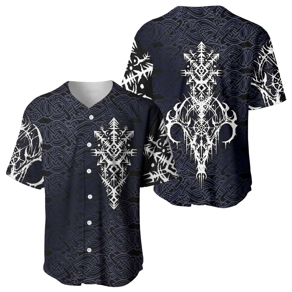 Runic Skull Baseball Jersey with Nordic Symbols and Knot Pattern Viking Heritage Tribute - Wonder Print Shop