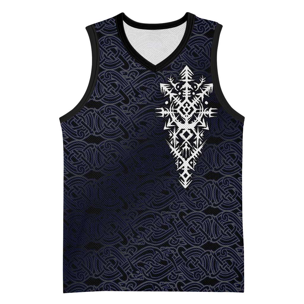 Runic Skull Basketball Jersey with Nordic Symbols and Knot Pattern Viking Heritage Tribute - Wonder Print Shop
