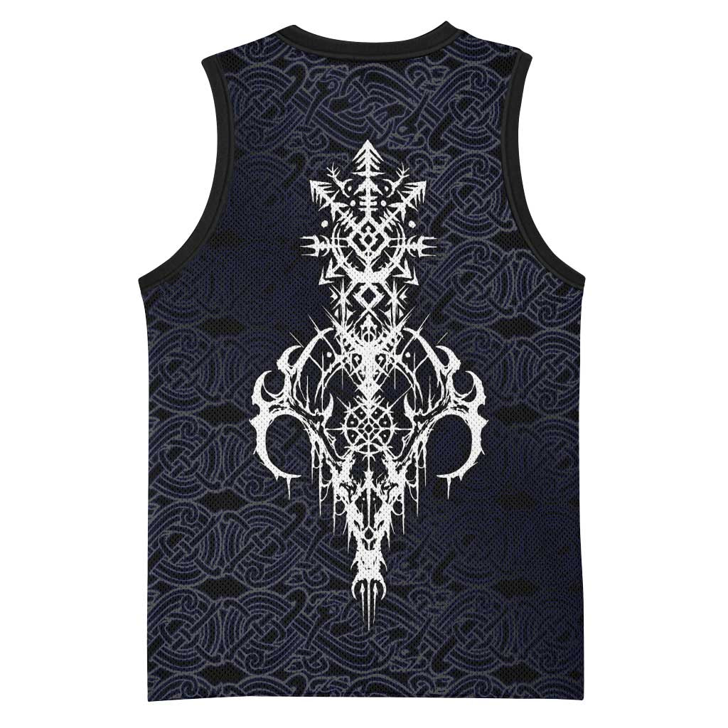 Runic Skull Basketball Jersey with Nordic Symbols and Knot Pattern Viking Heritage Tribute - Wonder Print Shop