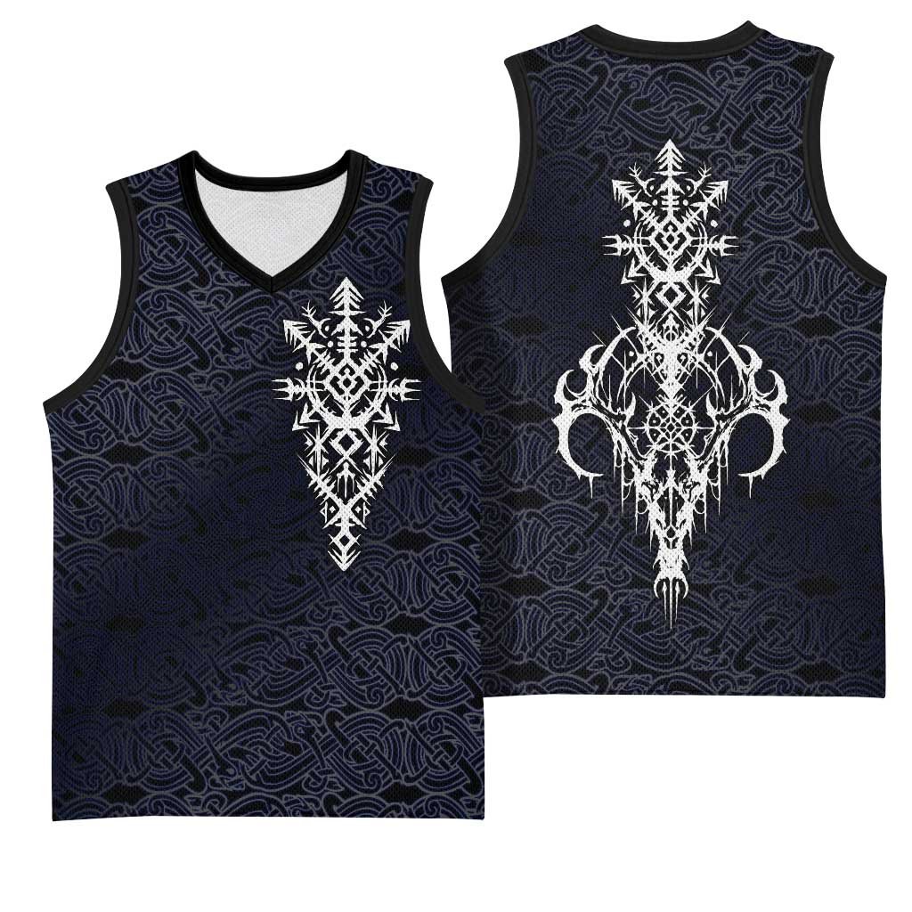 Runic Skull Basketball Jersey with Nordic Symbols and Knot Pattern Viking Heritage Tribute - Wonder Print Shop