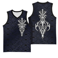 Runic Skull Basketball Jersey with Nordic Symbols and Knot Pattern Viking Heritage Tribute - Wonder Print Shop