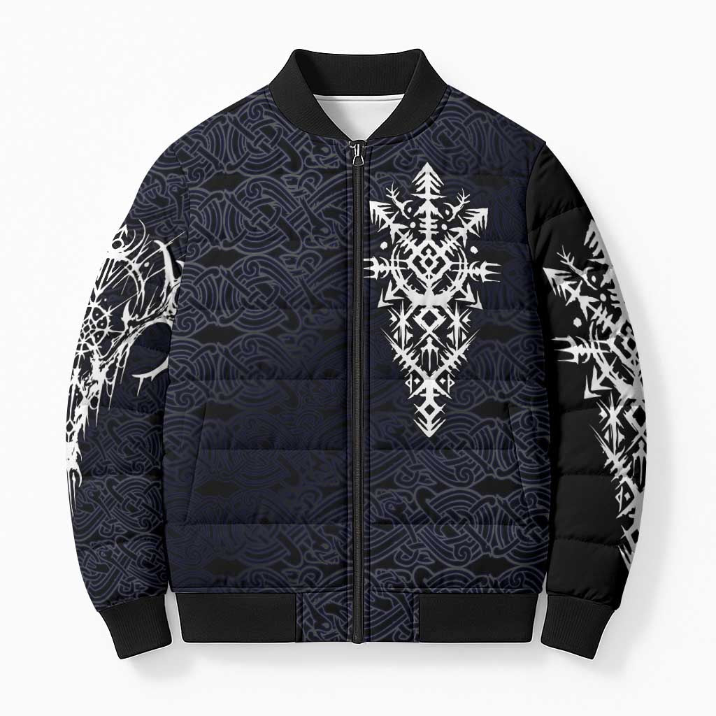 Runic Skull Bomber Puffer Jacket with Nordic Symbols and Knot Pattern Viking Heritage Tribute - Wonder Print Shop