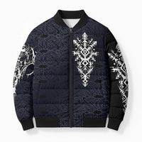 Runic Skull Bomber Puffer Jacket with Nordic Symbols and Knot Pattern Viking Heritage Tribute - Wonder Print Shop