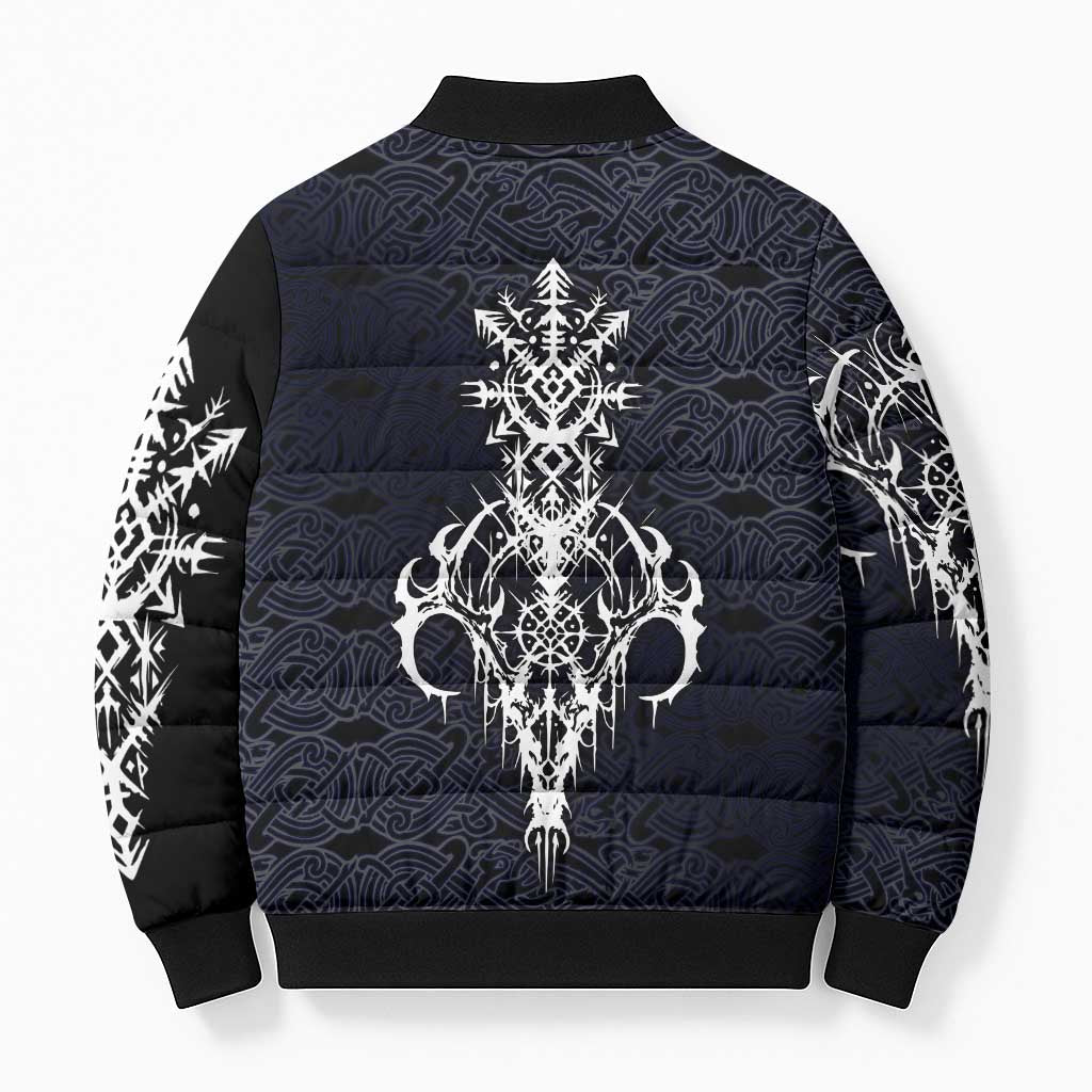 Runic Skull Bomber Puffer Jacket with Nordic Symbols and Knot Pattern Viking Heritage Tribute - Wonder Print Shop