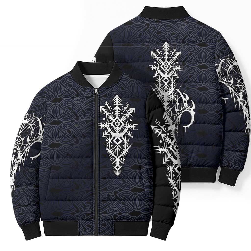 Runic Skull Bomber Puffer Jacket with Nordic Symbols and Knot Pattern Viking Heritage Tribute - Wonder Print Shop