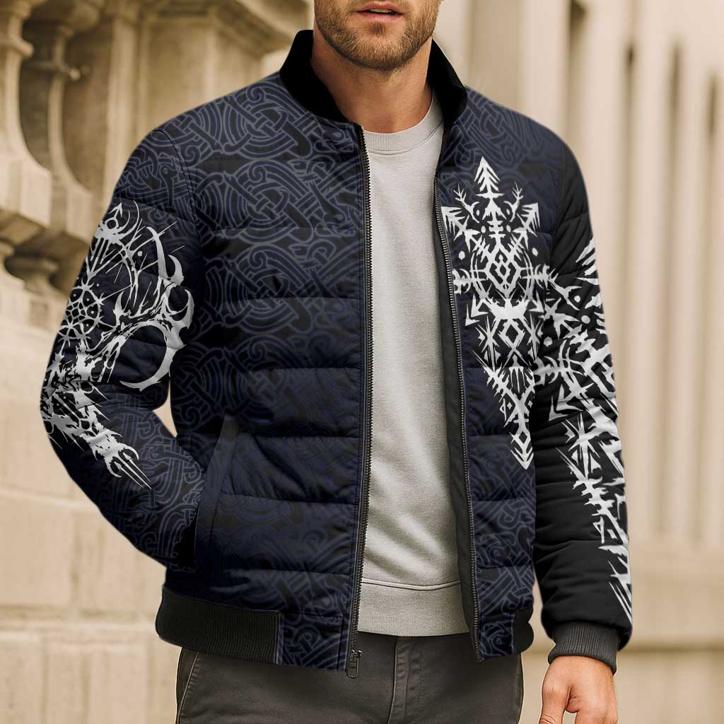 Runic Skull Bomber Puffer Jacket with Nordic Symbols and Knot Pattern Viking Heritage Tribute - Wonder Print Shop