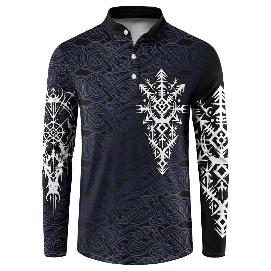 Runic Skull Button Sweatshirt with Nordic Symbols and Knot Pattern Viking Heritage Tribute - Wonder Print Shop