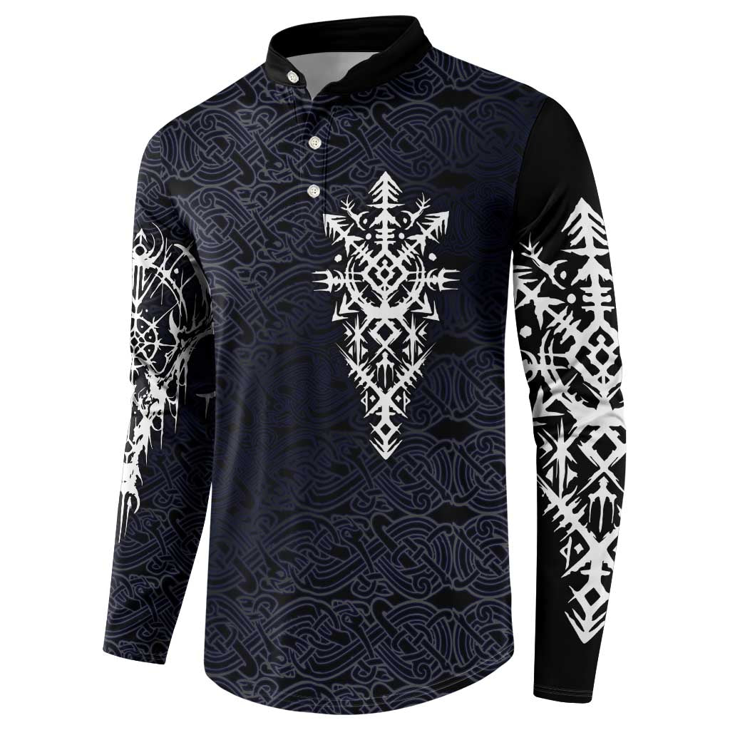Runic Skull Button Sweatshirt with Nordic Symbols and Knot Pattern Viking Heritage Tribute - Wonder Print Shop