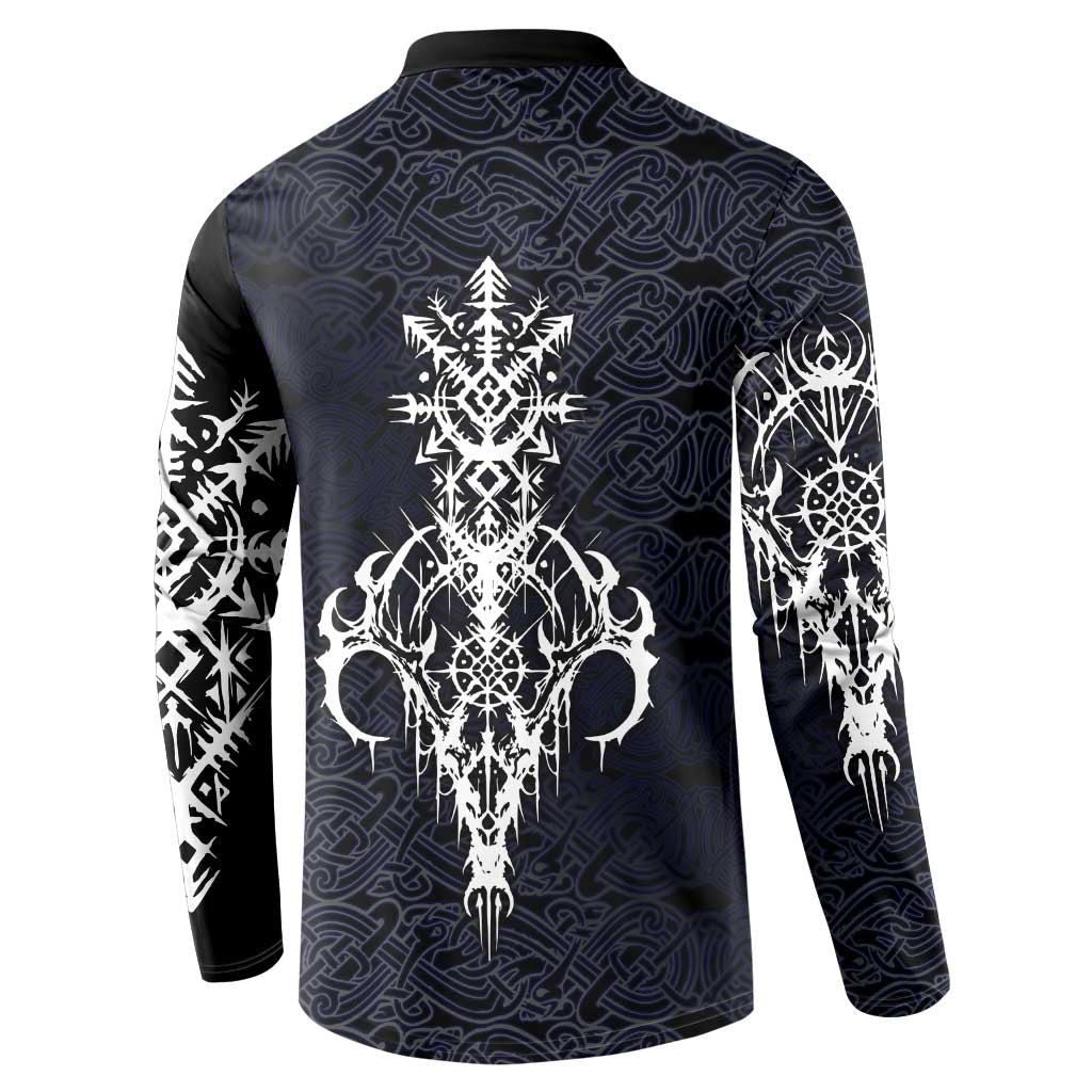 Runic Skull Button Sweatshirt with Nordic Symbols and Knot Pattern Viking Heritage Tribute - Wonder Print Shop