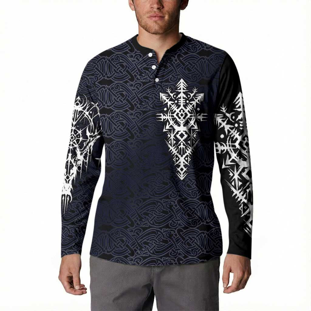 Runic Skull Button Sweatshirt with Nordic Symbols and Knot Pattern Viking Heritage Tribute - Wonder Print Shop