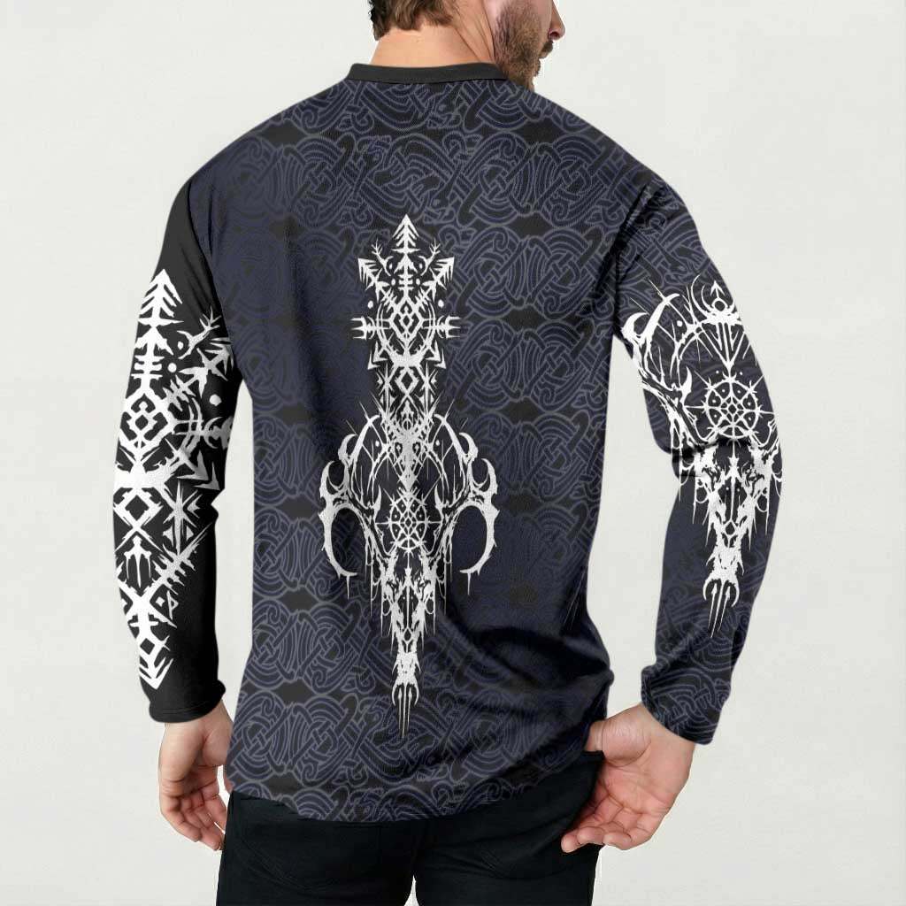 Runic Skull Button Sweatshirt with Nordic Symbols and Knot Pattern Viking Heritage Tribute - Wonder Print Shop