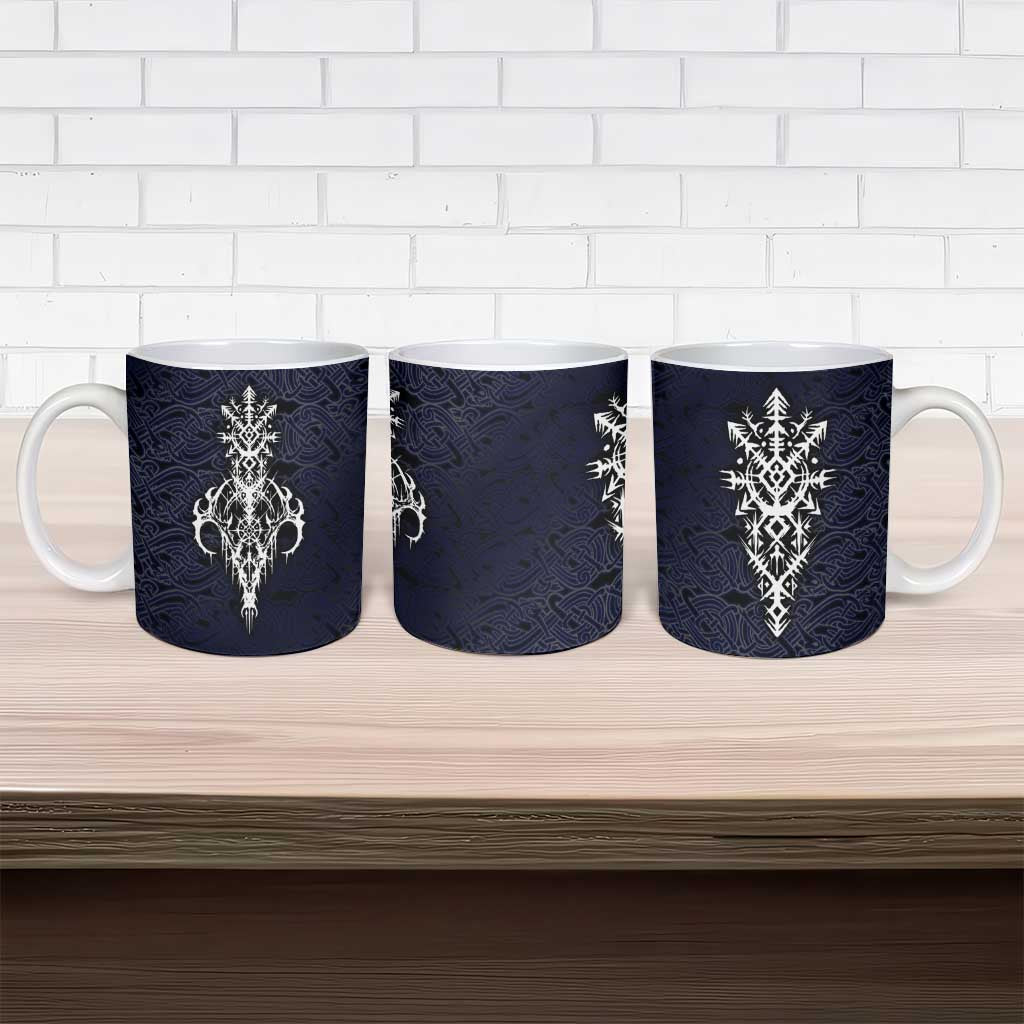 Runic Skull Ceramic Mug with Nordic Symbols and Knot Pattern Viking Heritage Tribute - Wonder Print Shop