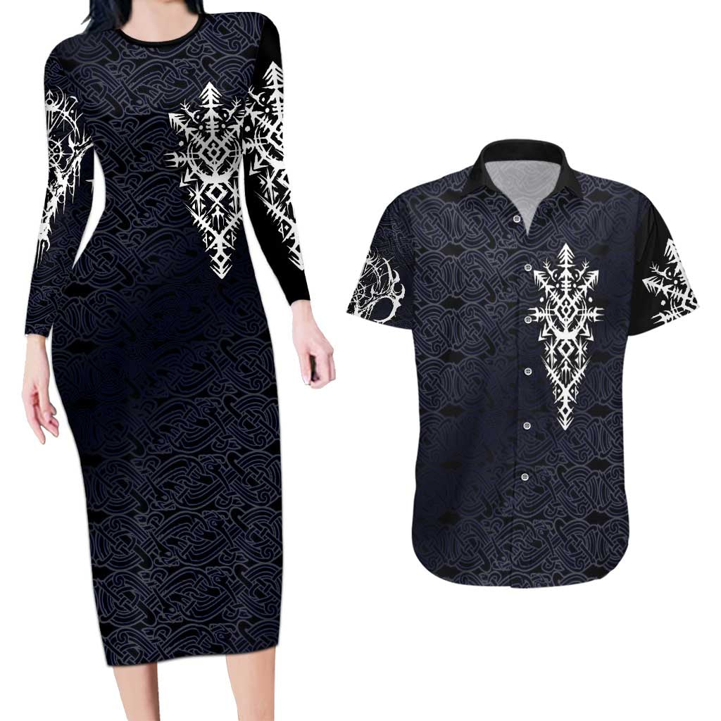 Runic Skull Couples Matching Long Sleeve Bodycon Dress and Hawaiian Shirt with Nordic Symbols and Knot Pattern Viking Heritage Tribute - Wonder Print Shop