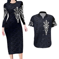 Runic Skull Couples Matching Long Sleeve Bodycon Dress and Hawaiian Shirt with Nordic Symbols and Knot Pattern Viking Heritage Tribute - Wonder Print Shop