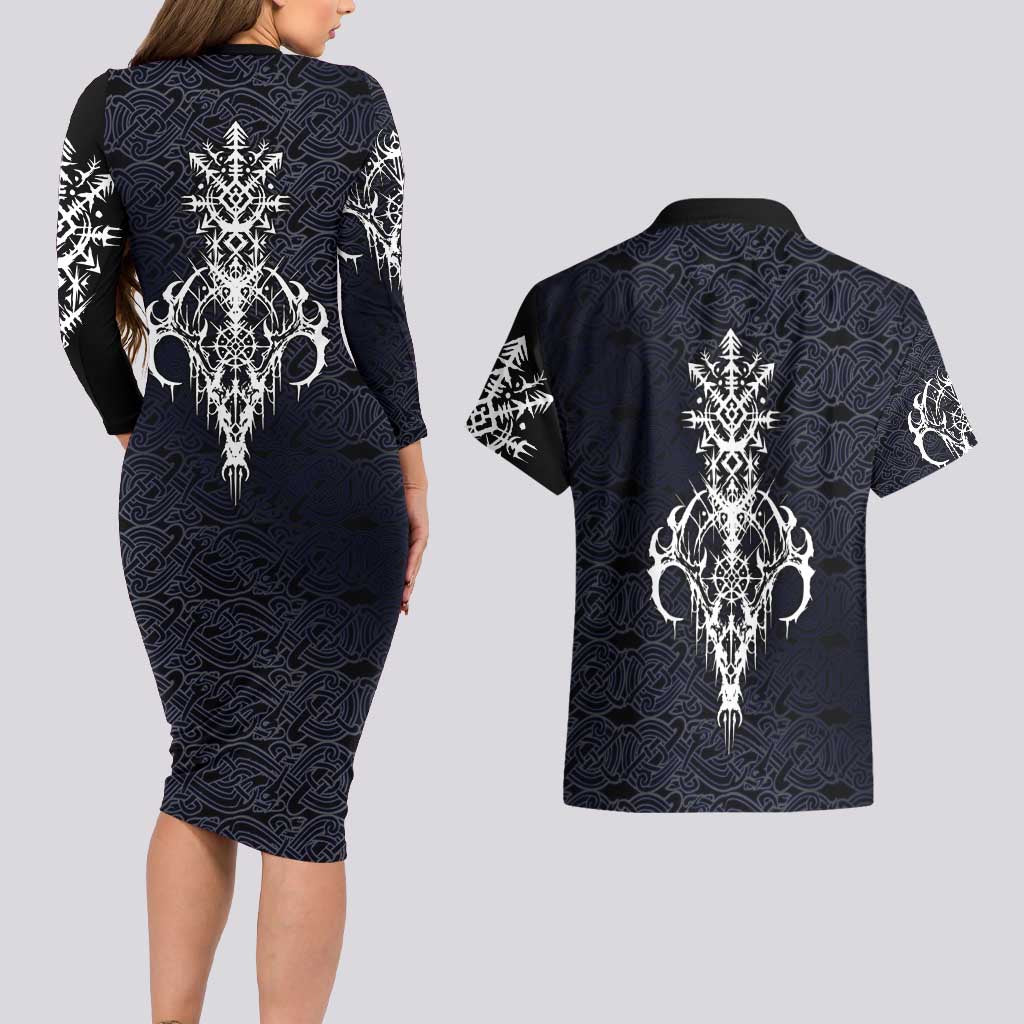Runic Skull Couples Matching Long Sleeve Bodycon Dress and Hawaiian Shirt with Nordic Symbols and Knot Pattern Viking Heritage Tribute - Wonder Print Shop