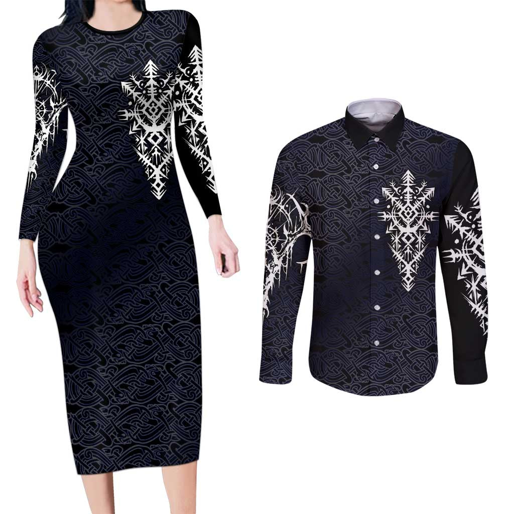 Runic Skull Couples Matching Long Sleeve Bodycon Dress and Long Sleeve Button Shirt with Nordic Symbols and Knot Pattern Viking Heritage Tribute - Wonder Print Shop