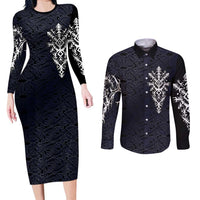 Runic Skull Couples Matching Long Sleeve Bodycon Dress and Long Sleeve Button Shirt with Nordic Symbols and Knot Pattern Viking Heritage Tribute - Wonder Print Shop