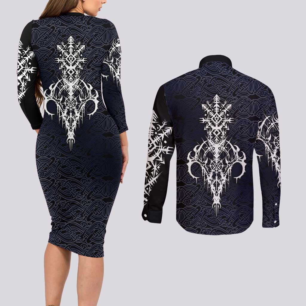 Runic Skull Couples Matching Long Sleeve Bodycon Dress and Long Sleeve Button Shirt with Nordic Symbols and Knot Pattern Viking Heritage Tribute - Wonder Print Shop