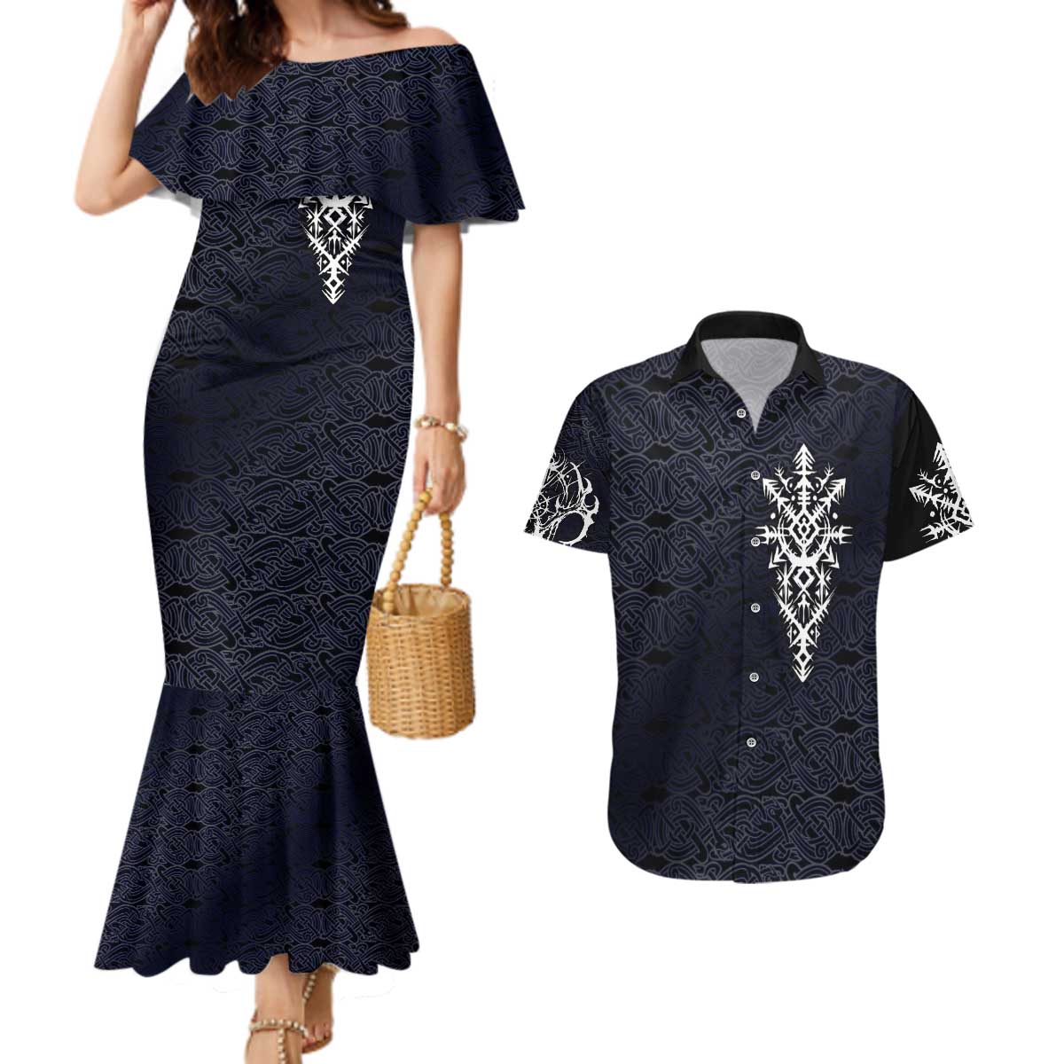 Runic Skull Couples Matching Mermaid Dress and Hawaiian Shirt with Nordic Symbols and Knot Pattern Viking Heritage Tribute - Wonder Print Shop