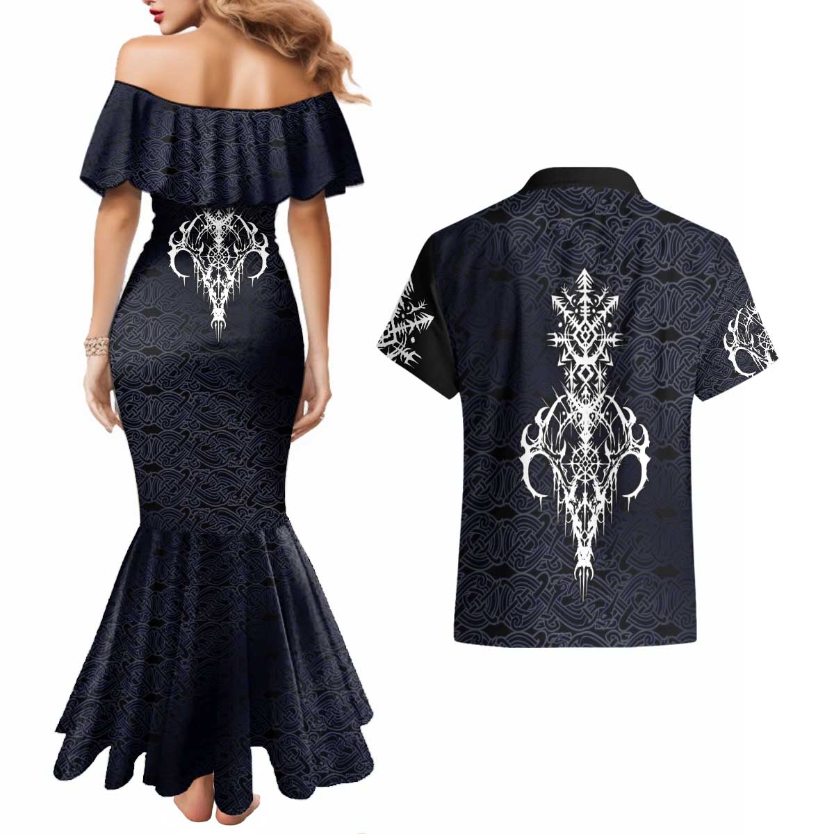 Runic Skull Couples Matching Mermaid Dress and Hawaiian Shirt with Nordic Symbols and Knot Pattern Viking Heritage Tribute - Wonder Print Shop