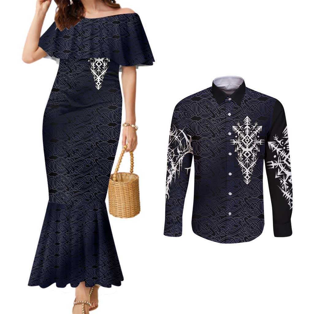 Runic Skull Couples Matching Mermaid Dress and Long Sleeve Button Shirt with Nordic Symbols and Knot Pattern Viking Heritage Tribute - Wonder Print Shop