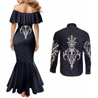 Runic Skull Couples Matching Mermaid Dress and Long Sleeve Button Shirt with Nordic Symbols and Knot Pattern Viking Heritage Tribute - Wonder Print Shop