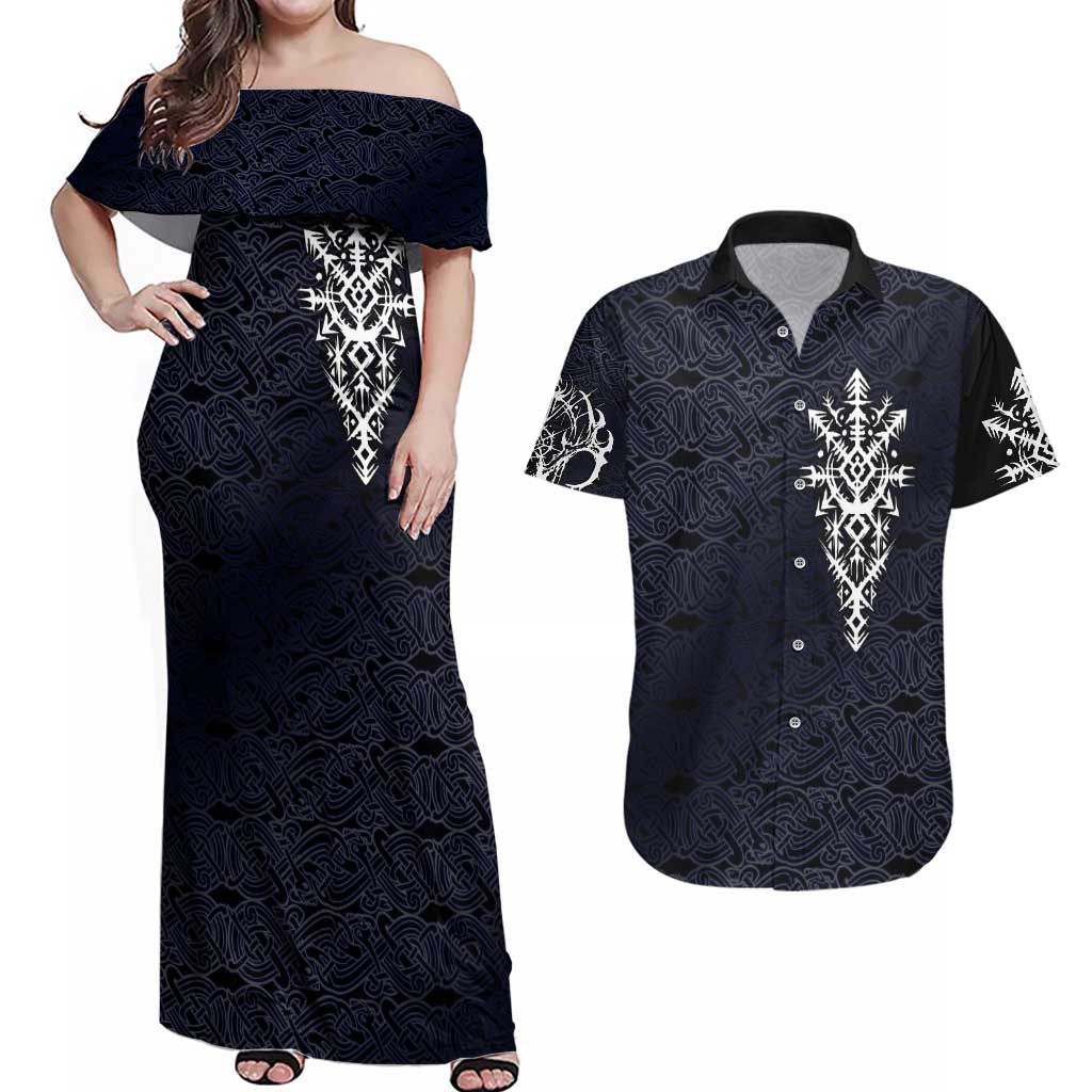 Runic Skull Couples Matching Off Shoulder Maxi Dress and Hawaiian Shirt with Nordic Symbols and Knot Pattern Viking Heritage Tribute - Wonder Print Shop